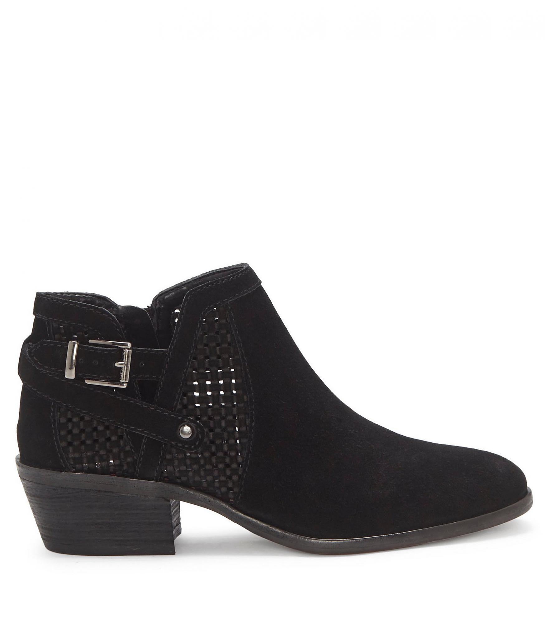 Details about   Vince Camuto Pamma Suede Buckle Block Heel Booties Multipl Sizes Black VC-PAMMA