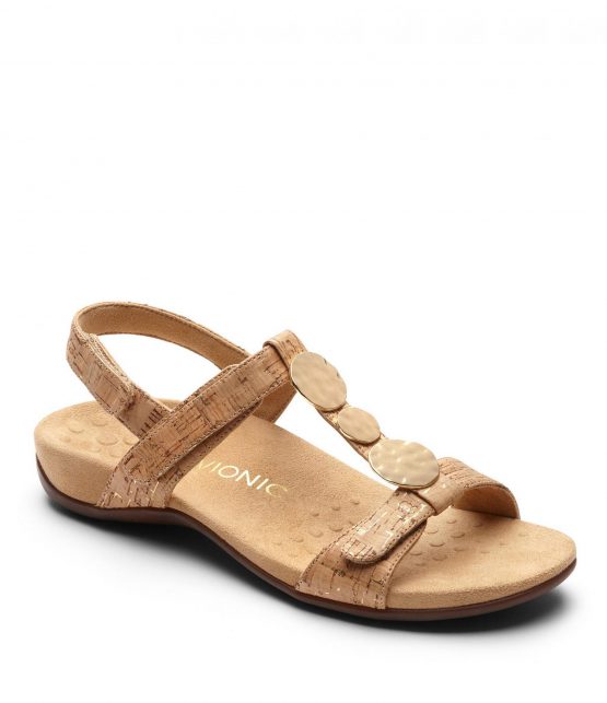 Flats | Rest Farra Cork Metallic Ornament T-Strap Sandals Gold/Cork – Vionic Womens