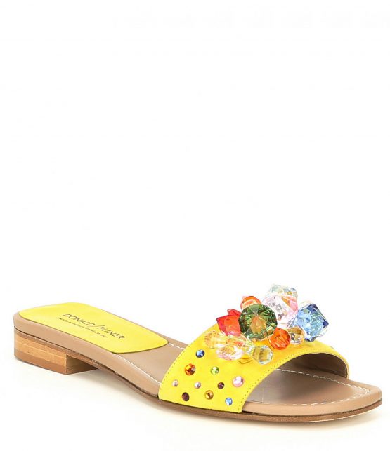 Flats | Tropa Suede Bauble and Rhinestone Embellished Block Heel Slides Yellow – Donald Pliner Womens